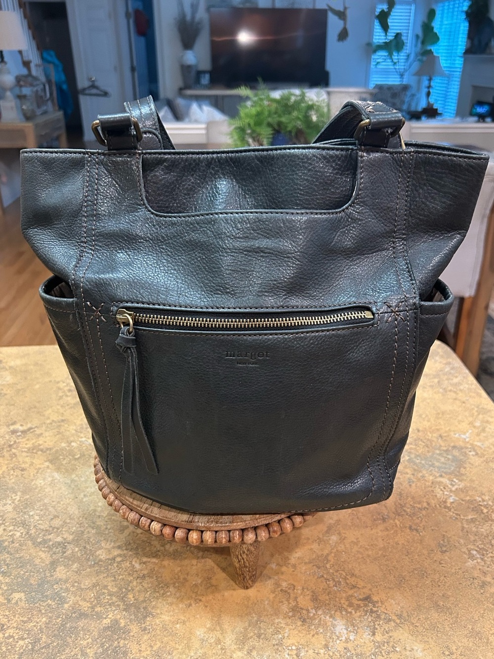 Margot Weathered Black Leather Bucket Bag
